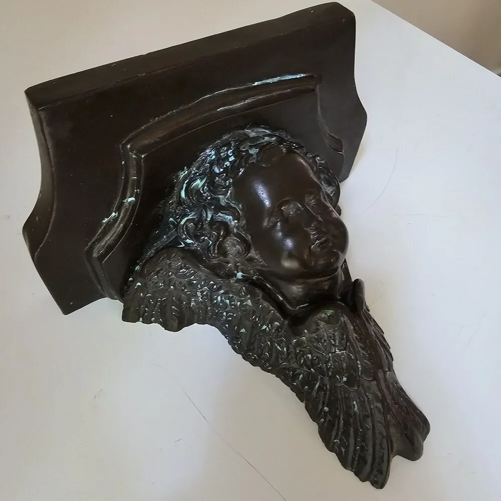 Vintage Cherub Angel Wall Sconce Shelf Heavy Faux Patina Old America 1980s Decor
